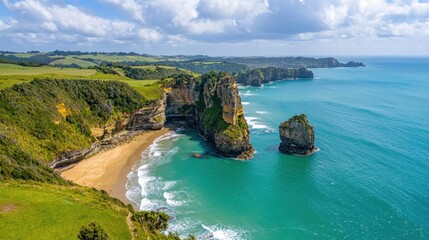Obraz premium Aerial perspective of vibrant coastline with rolling turquoise surf
