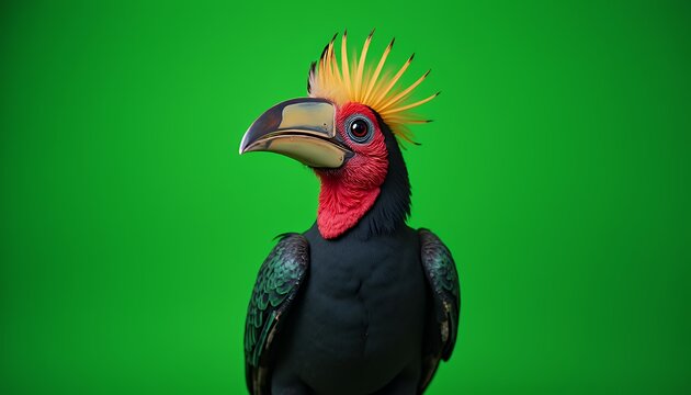 Rufous Hornbill Portrait Isolated on Green Screen Background Featuring Exotic Plumage and Distinct Yellow Tuft Perfect For Educational Wildlife Content