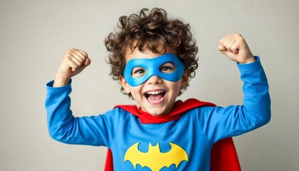 Little child is playing superhero. Kid on the background of bright wall.