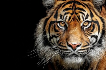Fototapeta premium Majestic tiger gazes directly at the camera in a dark setting showcasing its striking fur and intense expression