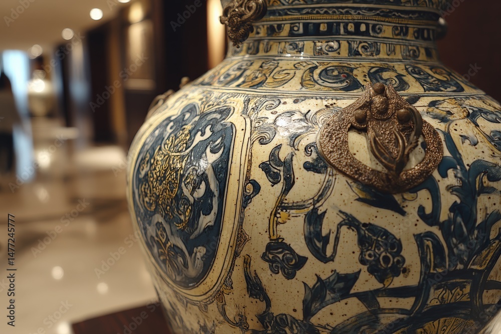 Poster decorative vase with intricate designs displayed in an elegant interior setting during the afternoon