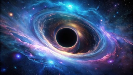 A swirling black hole at the center of a galaxy, surrounded by stars and gas, with a bright blue and purple aura, amidst a dark and mysterious cosmos , deep space, celestial