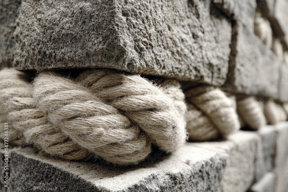 Poster Rough textured ropes tied around solid stone blocks in a close-up view during daylight hours in an outdoor setting