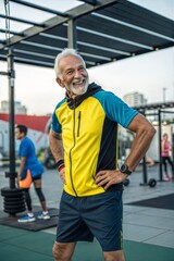 Fit older man smiling in sportswear, posing as active coach or trainer
