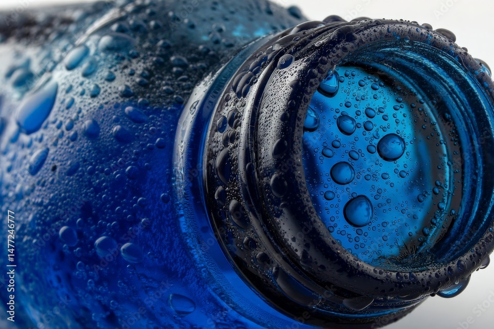 Poster close-up view of a blue water bottle with droplets highlighting its texture and color during a warm 