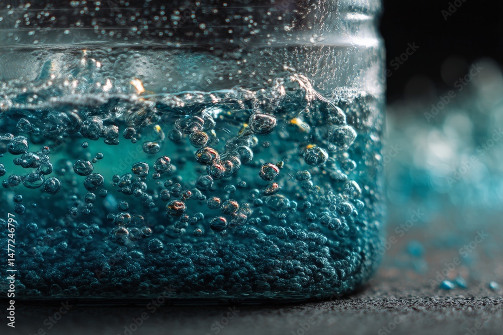 Poster Bubbles rising in a clear jar filled with blue liquid against a dark background creating an interesting visual effect