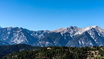 Majestic snow-capped mountains rise above a lush green forest under a clear blue sky.  Perfect for travel, nature, and landscape projects.