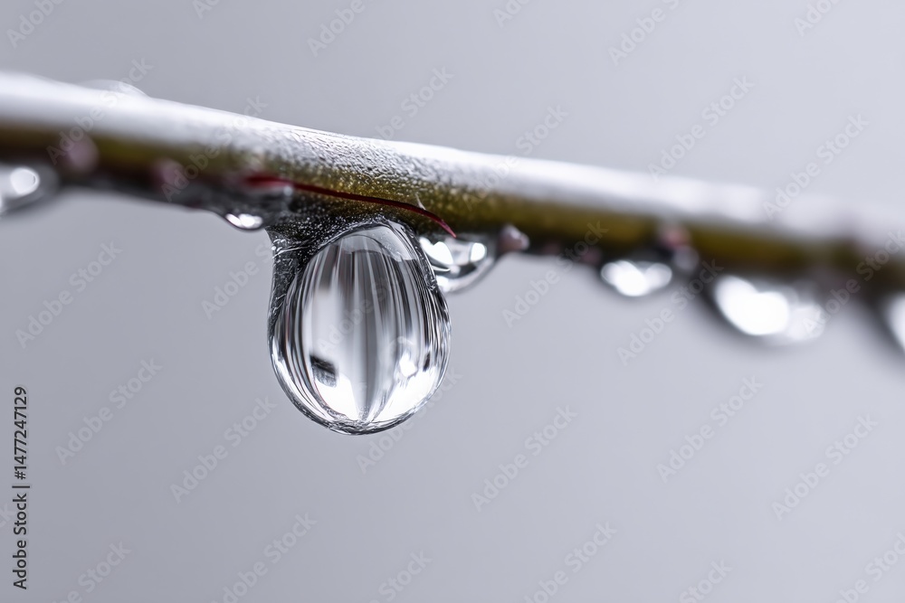 Poster Close-up shot of water droplet hanging from a twig in a natural setting during misty weather