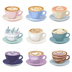 Collection of Nine Latte Art Coffee Cups in Pastel Colors. A delightful assortment of coffee cups showcasing various latte art designs.