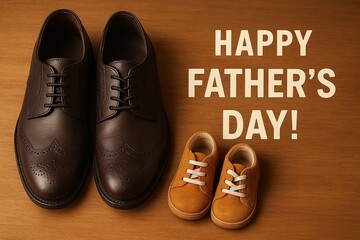 A heartwarming father's day concept featuring men's dress shoes alongside baby shoes creating a loving celebration