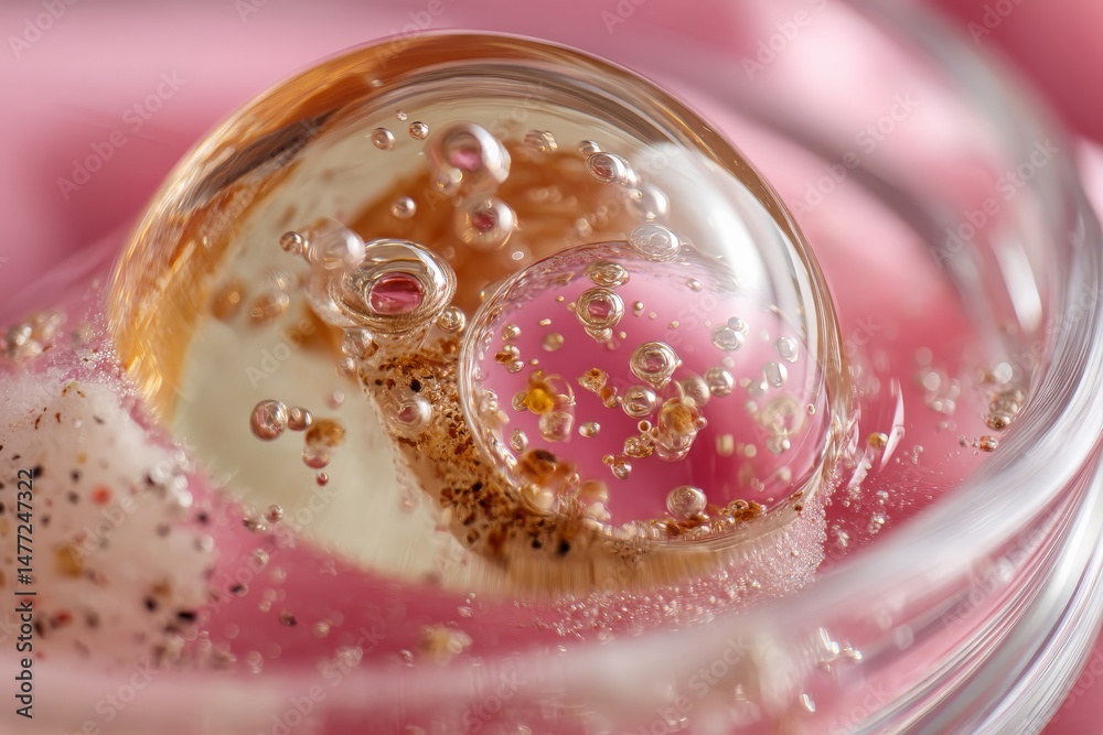 Poster bubbles form mesmerizing patterns in a glass of pink liquid showcasing vibrant textures and reflecti