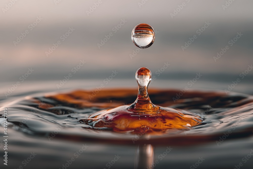 Poster Capturing the elegant dance of water droplets at sunset in a serene setting with ripples and reflections
