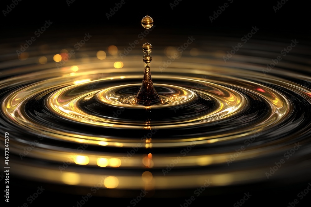 Fototapete Drops of liquid create ripples in shimmering golden water at twilight in a serene setting