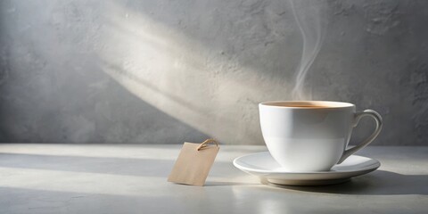 A steaming cup of tea sits on a saucer beside a blank tag, bathed in sunlight against a textured background
