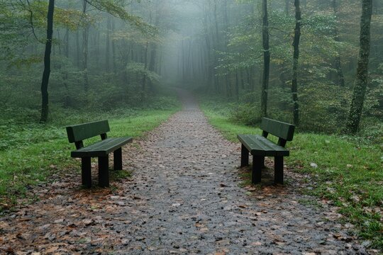 Wooden bench in the misty forest. Foggy autumn morning