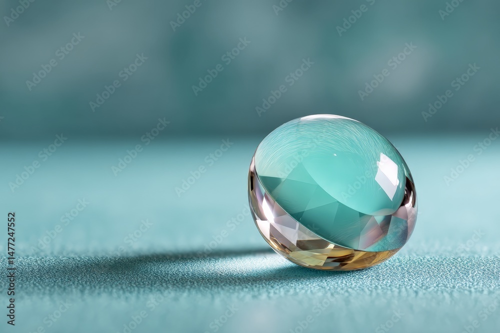 Poster lantern gem with an intricate cut rests on a soft teal surface, showcasing reflections in natural li