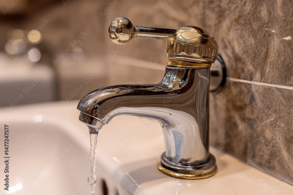 Poster modern chrome faucet delivering a steady stream of water in a stylish bathroom setting with elegant 