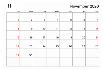 Calendar November 2026 page isolated on white, Save clipping path