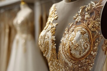 Exquisite bridal gown with intricate embroidery displayed in a bridal shop