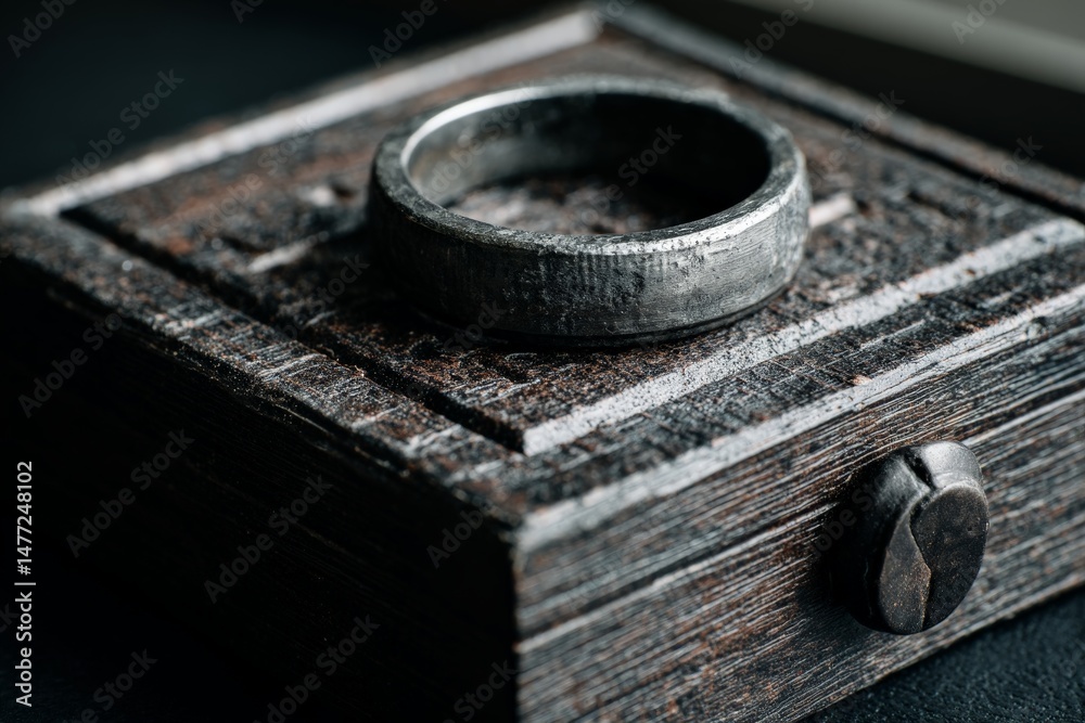 Poster rustic metal ring displayed on a weathered wooden box with intricate carvings