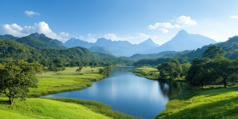 Fototapeta premium Panoramic view of the lake and mountains in the morning