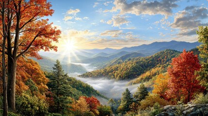 Obraz premium Autumn forest in the Smokies with golden foliage under gentle morning fog
