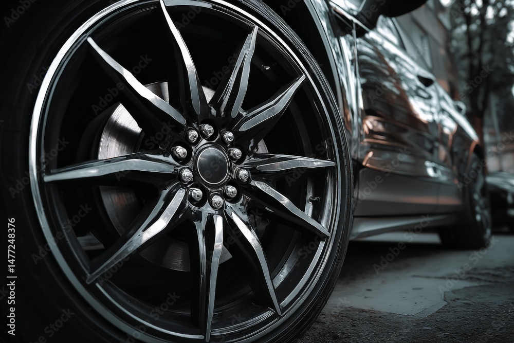 Poster Modern wheel design showcasing intricate patterns on a stylish vehicle in an urban setting during daylight