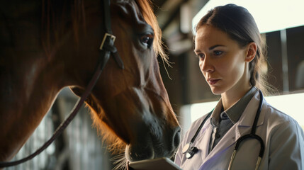 A veterinarian in a lab coat uses a tablet next to a horse in a stable.