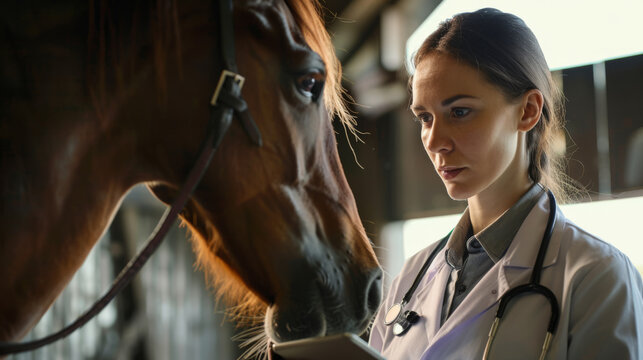 A veterinarian in a lab coat uses a tablet next to a horse in a stable.