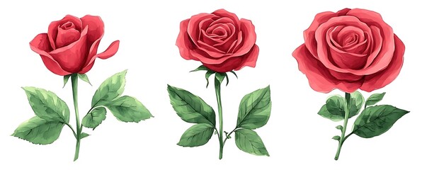 Three red roses, stem, leaf, white background