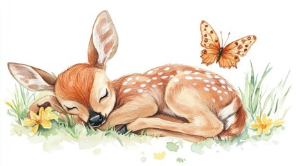Fototapeta premium Adorable sleeping fawn nestled in grass with a butterfly.