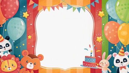 Colorful Birthday Party Frame With Balloons and Cute Animal Decorations