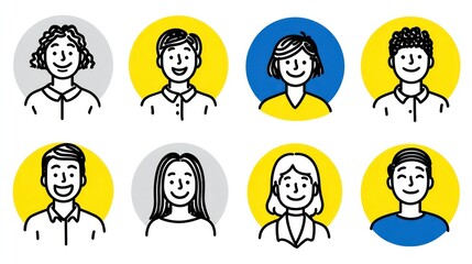 Eight cartoon people icons in circles with different hairstyles and expressions.