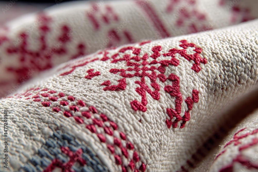 Poster cozy fabric displaying intricate red and white patterns suitable for winter decor in a warm indoor s