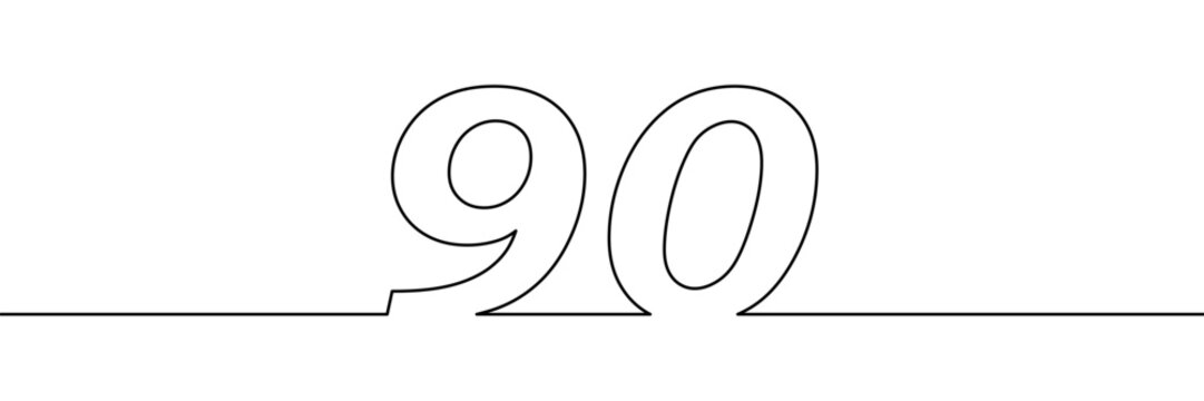 A single line drawing of a ninety symbol. One line icon. Continuous line ninetieth number icon. Simple black outline of the number 90. Vector illustration