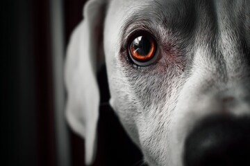 Close-up of a dog's eye highlighting intricate details in a dimly lit room during evening hours