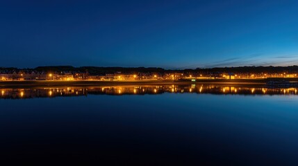 Fototapeta premium Calm town reflected in still water at night