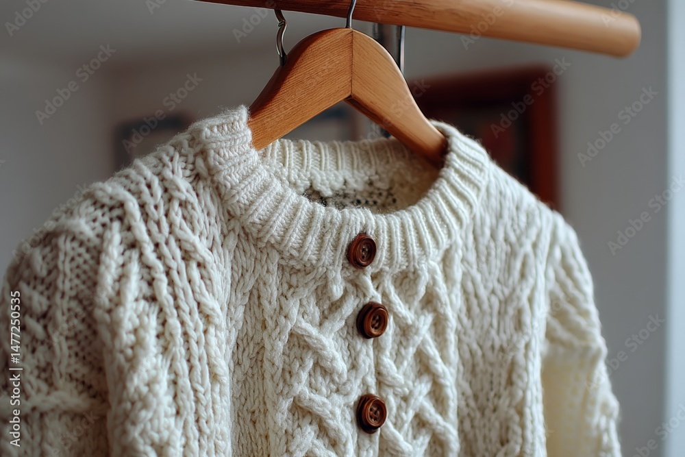 Poster cozy white knitted sweater displayed on a hanger in a bright indoor setting with a soft background