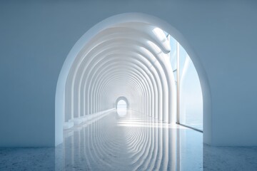 Modern Architecture Hallway Perspective with Arches and Ocean View in Minimalist Style Interior Design