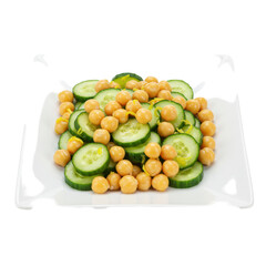 Fresh cucumber and chickpea salad served on a white plate, ideal for healthy meals