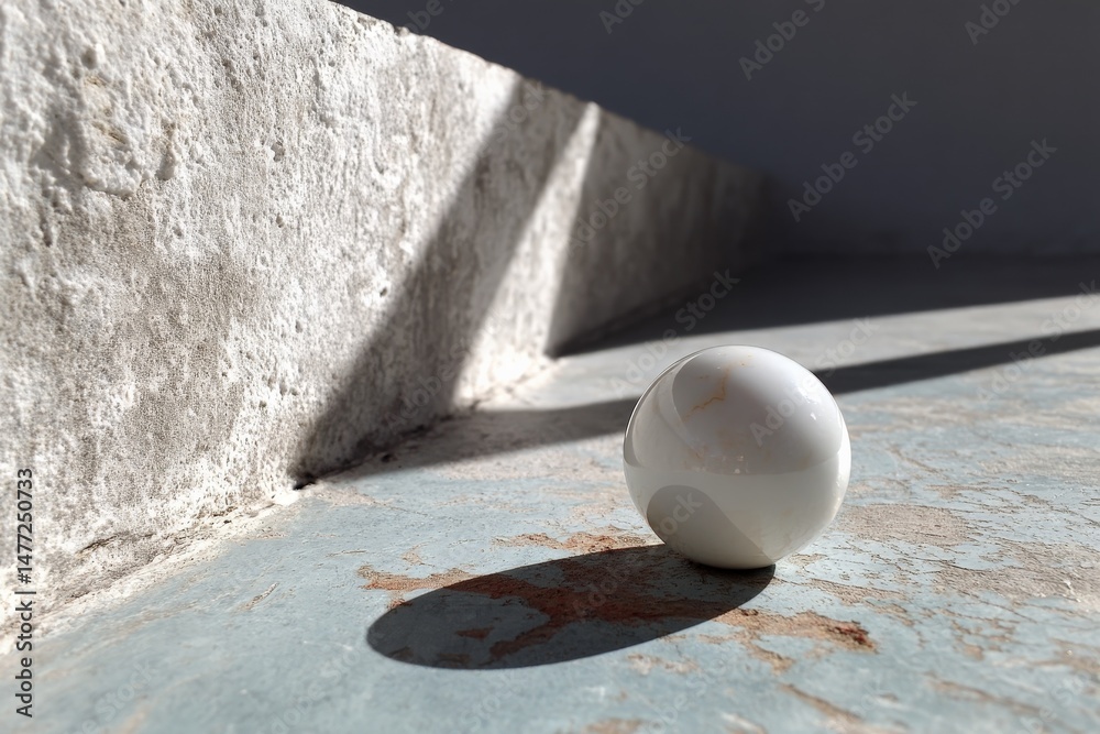 Poster white marble ball resting on a textured surface with shadows in a sunlit room