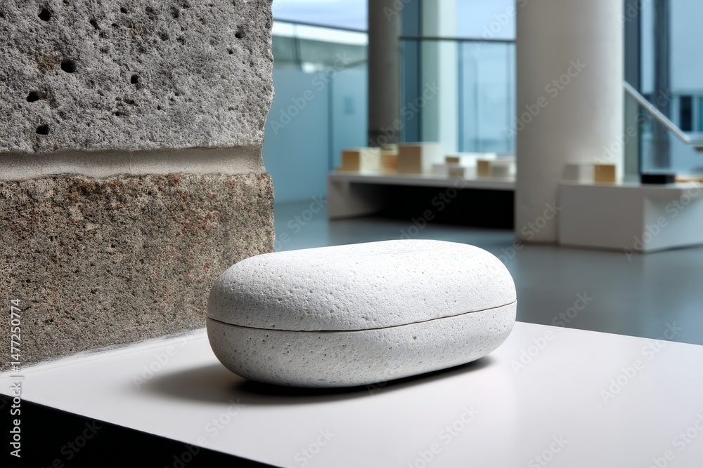 Poster Unique stone-shaped container rests on modern display in minimalist art gallery