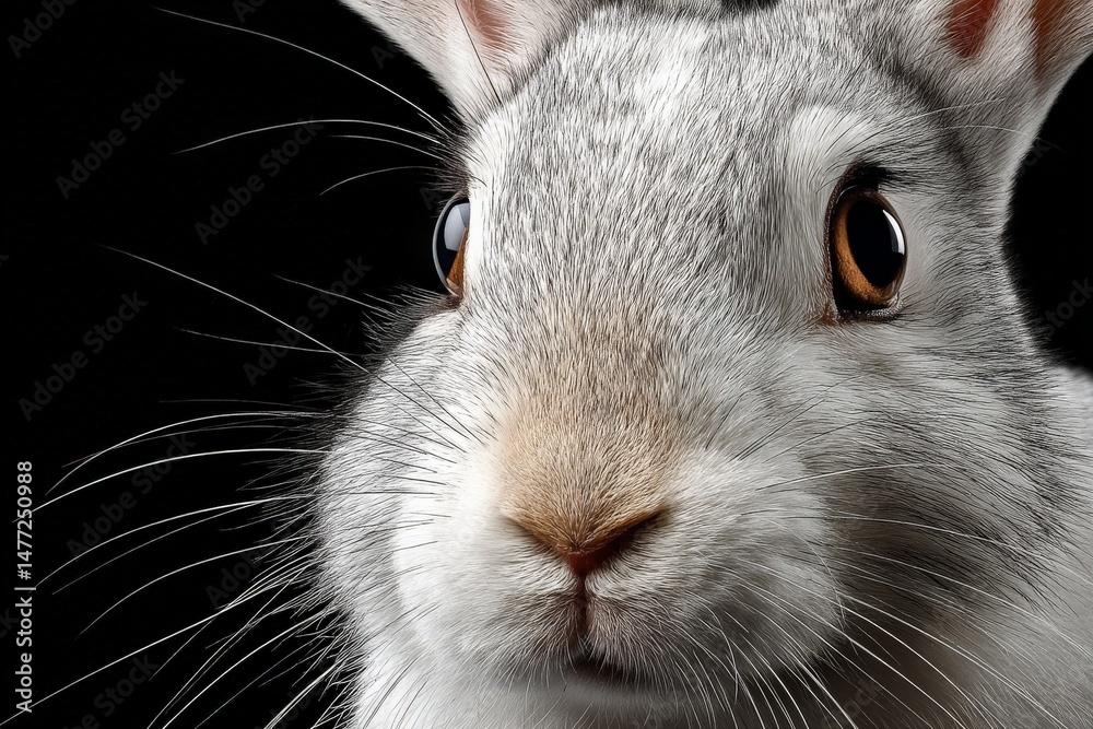 Aufkleber close-up of a gray and white rabbit with bright eyes against a dark background, showcasing unique fe