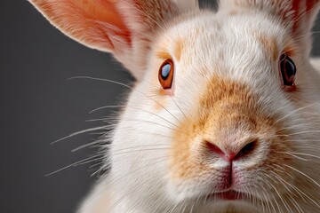 Obraz premium Close-up view of a white rabbit with orange markings looking curiously at the camera in a neutral background during daylight