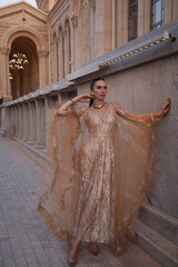 beautiful woman with dark hair in luxurious dress with accessories posing on the stairs of elegant...