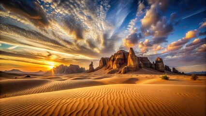 Desert sand dunes at sunset with majestic rock formations and a vast sky , desert, formation