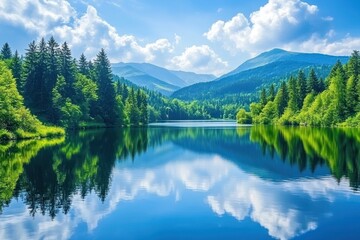 Serene mountain lake reflecting a vibrant sky Lush forest shores and calm waters
