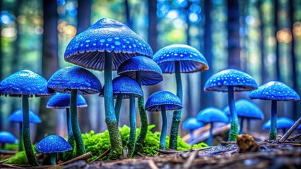 Fototapeta premium Fungal caps with vibrant blue hues and intricate patterns, forest ecosystem