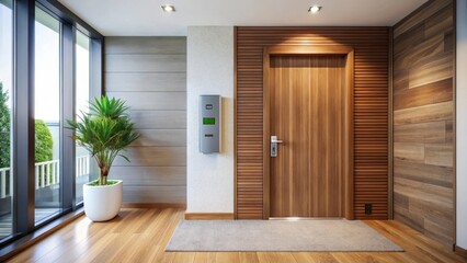Fototapeta premium Modern entryway with intercom system and large wooden door, smart home