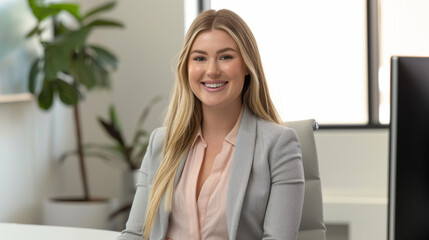 A professional is seated at a desk with a computer in a well-lit modern office.